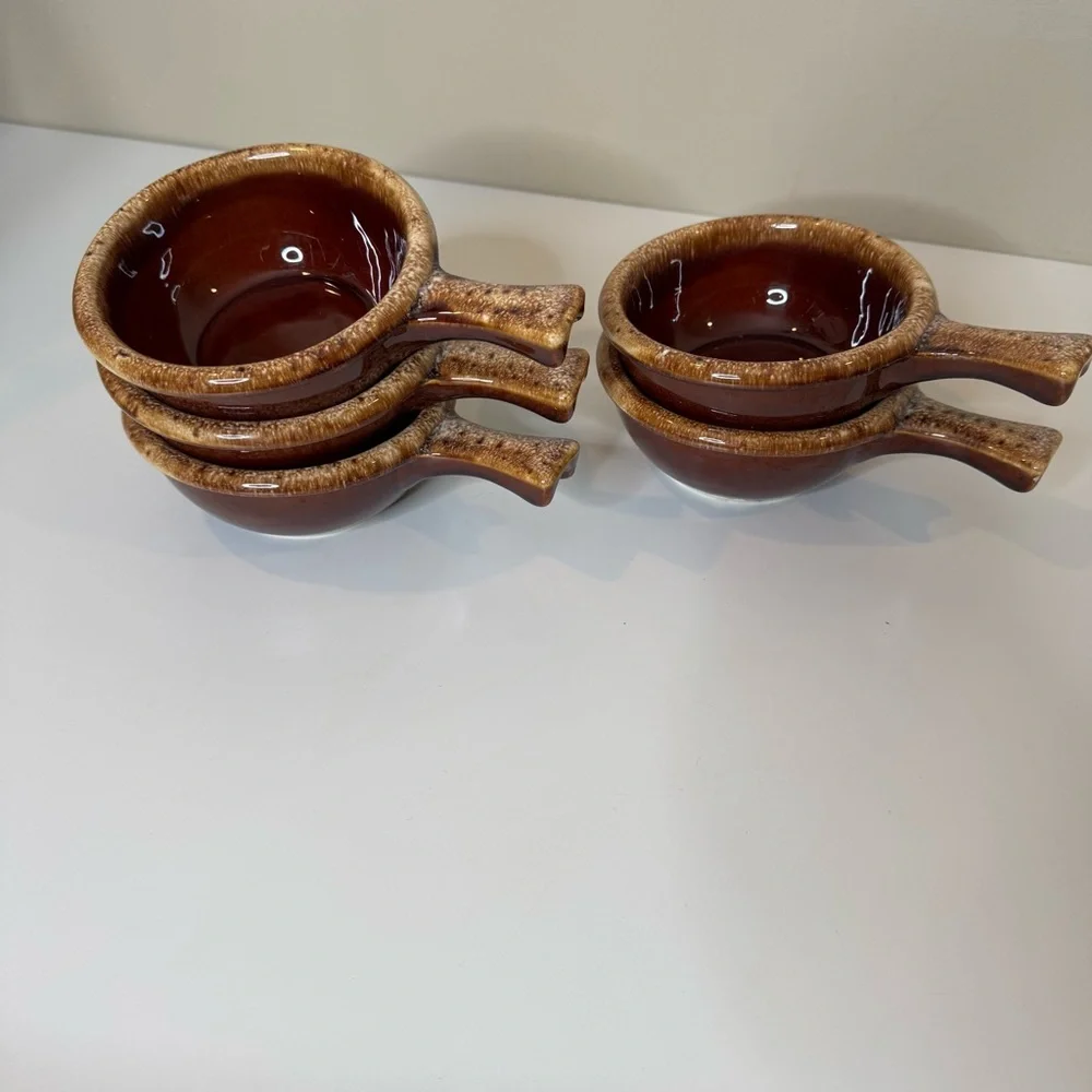 HULL BROWN DRIP BOWLS Soup Handle USA Mid Century Vtg lot of 5